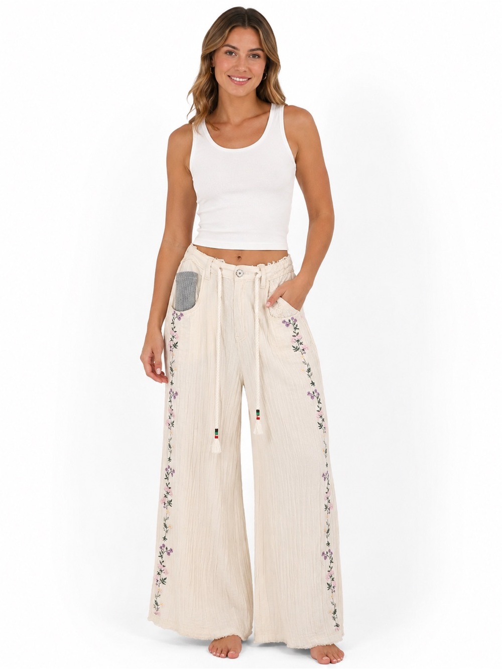 POL Cream Wide-Leg Pants with Side Floral Embroidery